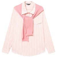 白鹿语春秋撞色条纹宽松衬衫可拆卸披肩时尚休闲衬衣女 粉色 XL 