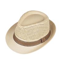 诺芝萌 夏季中老年草帽子男士礼帽爵士帽夏季沙滩帽网眼英伦遮阳帽NM674 镂空格子卡其色 均码头围58厘米左右