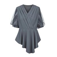 优雅V领压褶晕染网纱泡泡袖衬衫