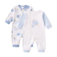 全棉时代双面柔感纯棉婴儿连体衣服新生儿男女宝宝春秋装2件装 80码 微光蓝+幸运豹【轻暖四季款】 80cm (9-10kg)