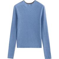 初语保暖半高领针织衫女2024年秋冬撞色拼接坑条上衣毛衣 蓝灰色 常规 L