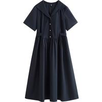 初语系带收腰显瘦连衣裙女夏季法式V领气质裙子中长裙 黑蓝色 S