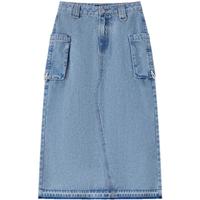 森马（Semir）牛仔半身裙女毛边长裙工装风街头春小心机抽绳开叉直筒裙复古 牛仔中蓝88201 150/58A/XS