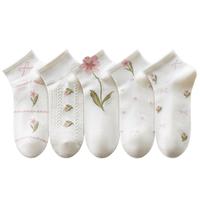 猫人【100%纯棉7A抑菌】女士袜子女短袜防臭薄款小清新无骨花朵棉袜