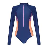 speedo泳衣女长袖连体三角泳衣防晒抗氯速干时尚拼色露背显瘦泡温泉沙滩 蔚蓝 XL
