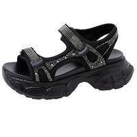 康莉休闲凉鞋女夏季舒适厚底外穿魔术贴圆头户外运动通勤凉鞋 黑色 36