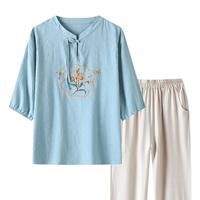 【两件套】夏季棉格子新中式刺绣透气衬衫+休闲裤装套装