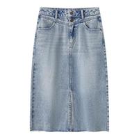 森马 Semir半身裙女高腰开叉春夏牛仔直筒短裙子103124120002 牛仔黄泥染80325 L