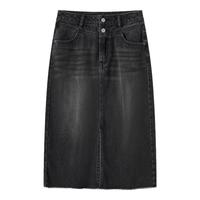 森马 Semir半身裙女高腰开叉春夏牛仔直筒短裙子103124120002 牛仔水洗黑98201 XL