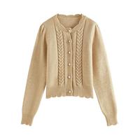 甜美月牙花边针织长袖开衫女秋冬装温柔圆领针织衫毛衣