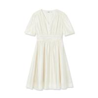 LILY秋女装温柔纯色气质V领洋气高腰短袖连衣裙小白裙女 612奶白 M