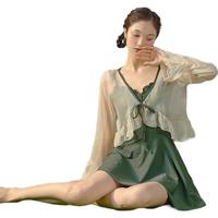 莫代尔泳衣女夏纯欲连体保守罩衫两件套显瘦遮肚高级性感泡温泉沙滩泳装 绿色（泳衣+外衫）