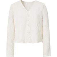 红袖法式甜美雪纺衫2025春季女装剪花流苏开叉正肩V领显瘦短上衣 米白004 S