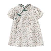 JELLYBABY汉服古装女童夏款旗袍裙子演出礼服新中式民族服装连衣裙儿童汉服 白底粉花 薄款 140
