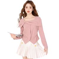 气质小众设计感法式蝴蝶结方领针织衫女士春季甜美显瘦舒适上衣女