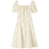 森马（Semir）连衣裙女方领雪纺裙温柔少女感夏季俏皮泡泡袖肌理碎花裙森系 白黄色调00313 S