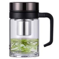 万象单层玻璃杯500ML深胡桃U219大容量商务带茶漏水杯便携手柄泡茶杯