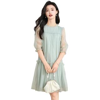 她享短袖连衣裙女薄荷曼波气质显瘦纱裙韩版中长款仙女裙T143Q1366
