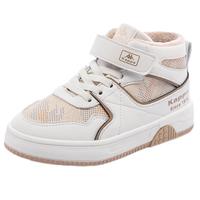 Kappa Kids卡帕儿童加绒棉鞋高帮运动鞋冬季皮面户外保暖防滑二棉板鞋 米卡其 34