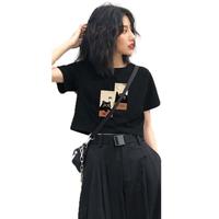 KMV真维斯正肩短袖t恤女2025夏季女装黑色体恤小个子短款上衣 水绿-小黑猫 S