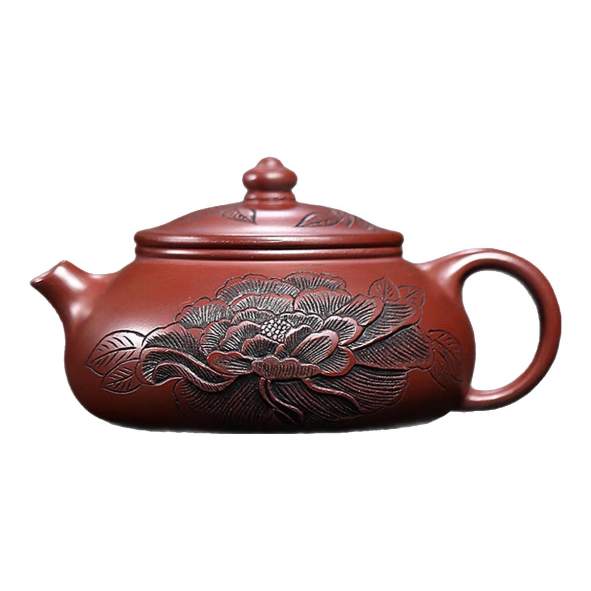 八玺宜兴纯手工紫砂壶龙血砂寒江壶家用小品泡茶壶茶具套装单壶 富贵牡丹龙血砂寒江壶 200ml