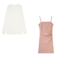 BASIC HOUSE/百家好薄款针织衫女夏季压褶吊带连衣裙套装 粉色套装 S