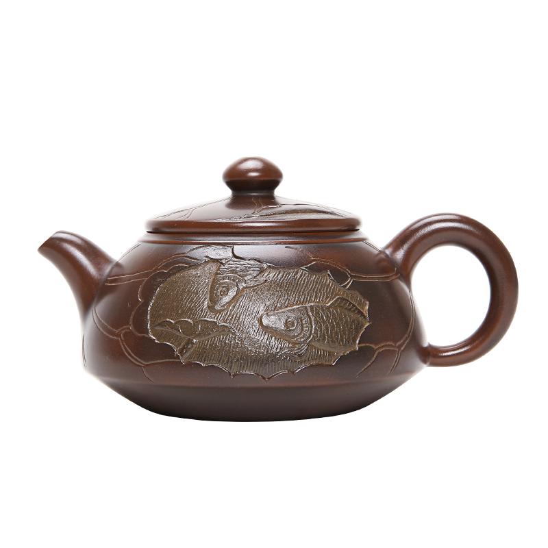 此时此刻 广西钦州坭兴陶壶茶壶泡茶壶 卢纪祖年年有余壶纯手工壶手刻茶具茶器