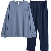 芬腾春秋季男士长袖睡衣纯棉套头女圆领大码男青年家居服套装 灰兰【单男款】 2XL :女142-160,男166-185斤