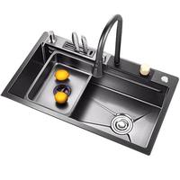 JOMOW加厚4MM厨房水槽大单槽纳米蜂窝瀑布家用304不锈钢洗菜盆一体盆 68*45飞雨刀架-4.0枪灰【顶配】