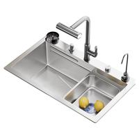 JOMOW厨房水槽大单槽洗菜盆一体盆304不锈钢纳米加厚5MM飞雨瀑布洗碗槽 枪灰68*45【5.0加厚】-瀑布龙头