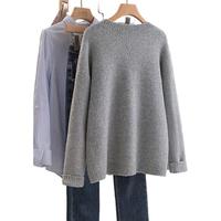 丝柏舍圆领毛衣2024秋季女装宽松款遮肉休闲减龄拼接撞色上衣