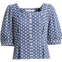 红袖夏季2022女装 泡泡袖压褶收腰方领套头上衣 牛仔蓝071 S