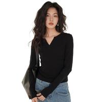 2025春季v领针织T恤女纯色百搭时尚显瘦长袖打底衫上衣