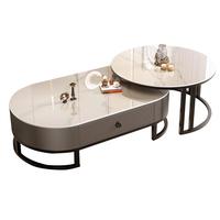 森生林岩板茶几客厅小户型简约轻奢椭圆形可伸缩茶桌 C14-1黑架灰箱 雪山白+黑玻 120cm椭圆茶几+80cm小圆边几