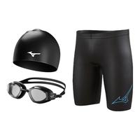 美津浓(MIZUNO)游泳裤男士泳帽泳裤泳镜三件套男泳衣防尴尬专业训练游泳装备套装 黑武士三件套-平光无度数 M 【身高155-170体重50-60KG】