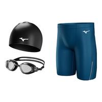 美津浓（MIZUNO）游泳裤男士泳帽泳裤泳镜三件套男泳衣防尴尬专业训练游泳装备套装 帕尼蓝三件套-平光无度数 3XL 【身高180-190体重90-105KG】