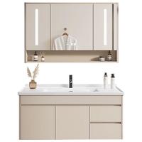 志高奶油风浴室柜 陶瓷一体盆洗手盆柜组合洗脸盆柜 卫浴洗手台洗漱台 80cm配置物格智能镜-加购送龙头