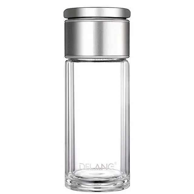 德琅（DELANG）德国品牌水晶杯双层玻璃杯商务办公茶水分离杯男女高档茶杯320ml 茶水分离杯8006-本钢色-礼盒装