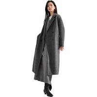 茵曼100%绵羊毛双面呢外套2024冬女美拉德翻驳洋气长款大衣上衣 深花灰 M