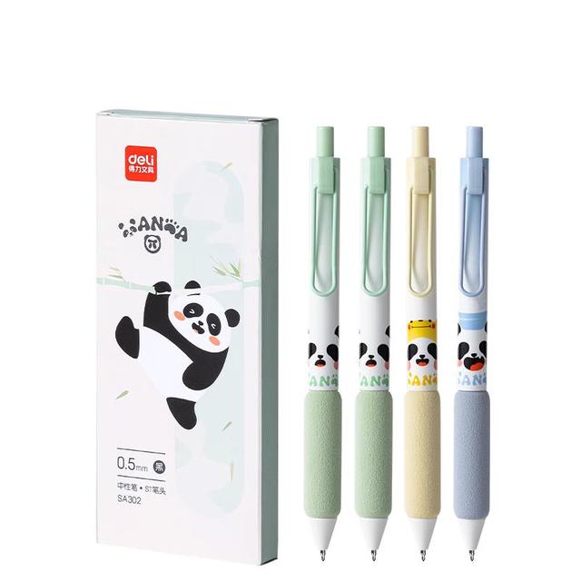 得力 熊猫速干顺滑ST头按动中性笔 学生中性笔 0.5mmST头黑色4支/盒SA302高考考试