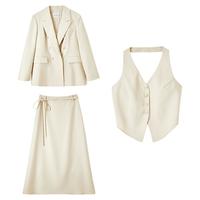 尚都比拉时尚西装套装女春秋款通勤西服外套马甲A字裙子三件套 燕麦色 L
