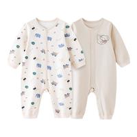 好孩子 婴儿连体衣A类全棉长袖连体衣 5A抗菌连身衣 夏季空调爬爬服2件装 浅卡其-按扣款 59cm