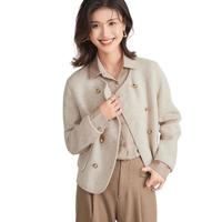 【小香风绵羊毛大衣】短款毛呢外套圆领双排扣经典纯色女式大衣
