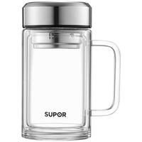 苏泊尔（SUPOR）双层玻璃杯茶杯高硼硅男士商务水杯带把办公泡茶大容量商务办公男 流光银570ML【双层防烫 赠茶滤】