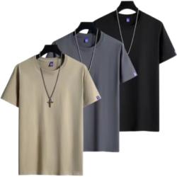 雾卡 短袖t恤男纯色棉宽松夏季士半袖潮流衣服装 卡其+深灰+黑色 XL 135-150斤