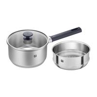 双立人（ZWILLING）奶锅汤锅不锈钢婴儿辅食锅泡面锅煮面烹饪通用锅具SILVER银光系列 不锈钢奶锅+蒸笼 18cm