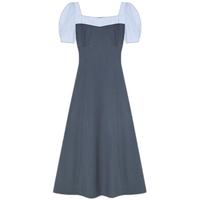 VEGA CHANG短袖连衣裙女2025年夏季假两件方领学院风撞色拼接收腰长裙子 陨石灰（方领） S