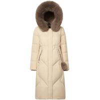 千仞岗冬季鹅绒羽绒服女士长款连帽大毛领外套百搭休闲时尚保暖防寒服 魔力黑 S (160)