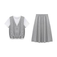 Basic House/百家好夏季休闲套装撞色假两件上衣高腰半身裙两件套 灰色 L