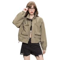 春秋季宽松翻领拉链抽绳设计长袖女士外套工装服纯色开衫上衣